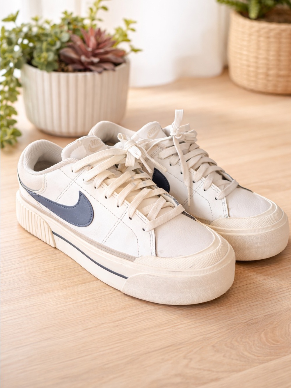 Nike Cream Low-Top Sneakers with Navy Swoosh